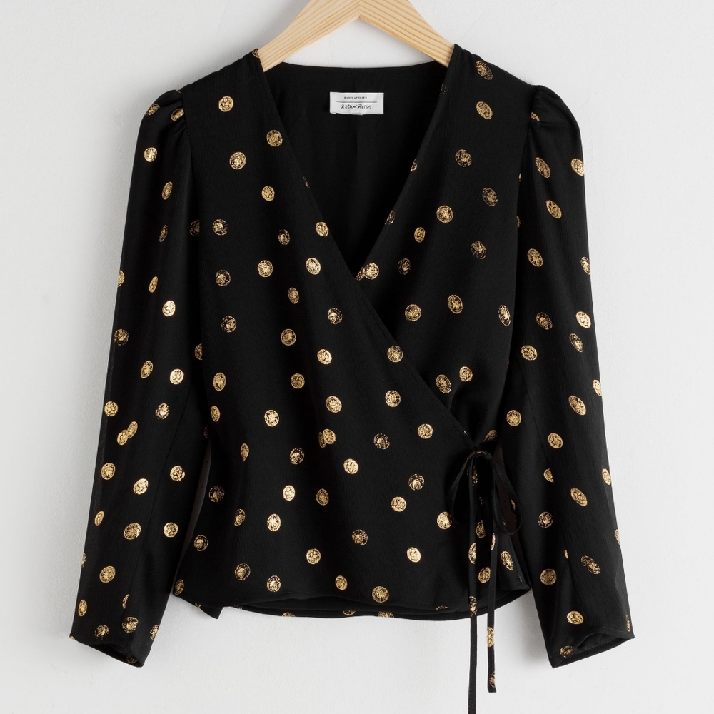 &Other Stories NWT Black Gold Metallic Wrap Blouse
